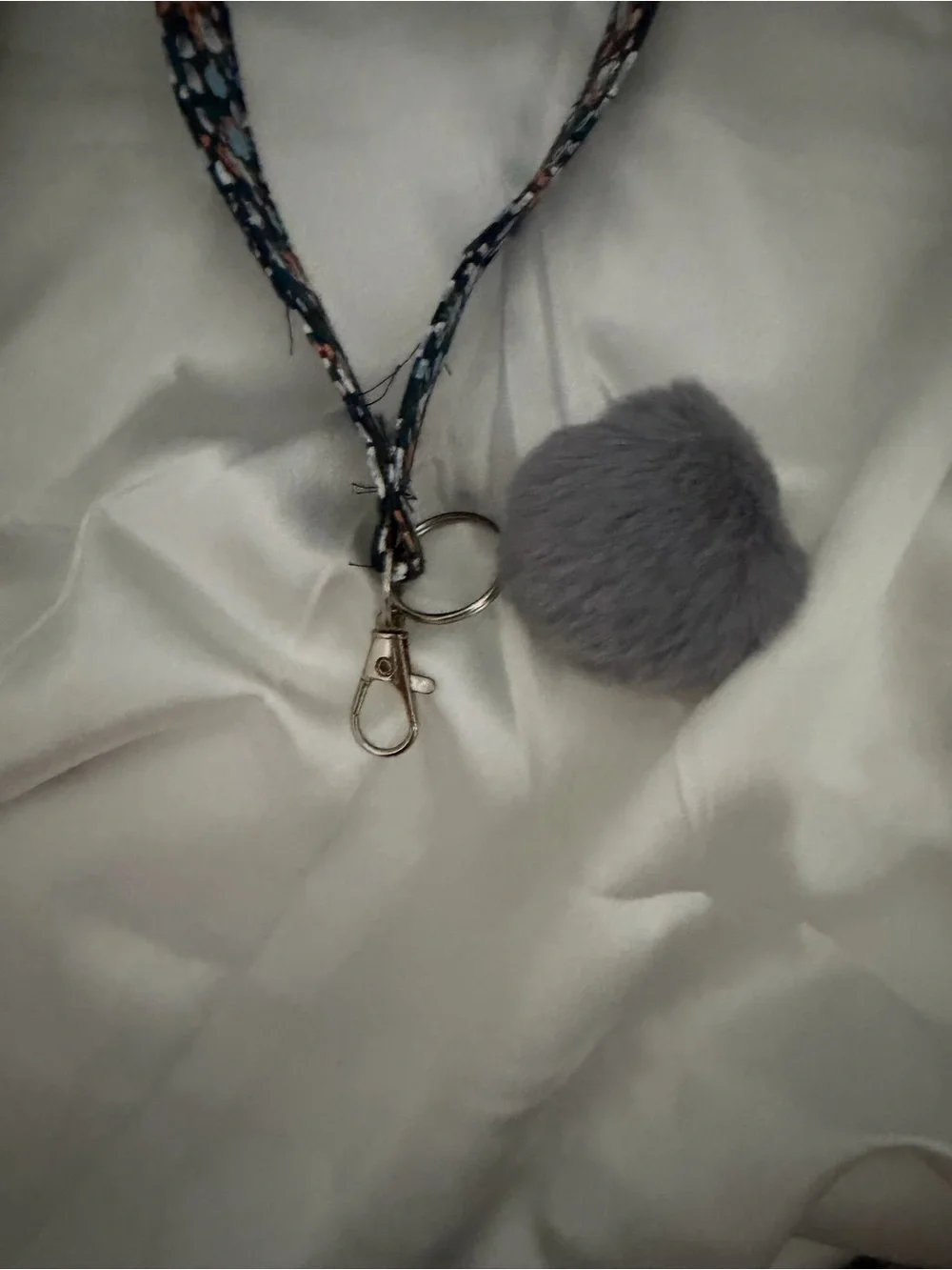 Handmade Blue and Orange Floral Wristlet Keychain with Gray Pompom